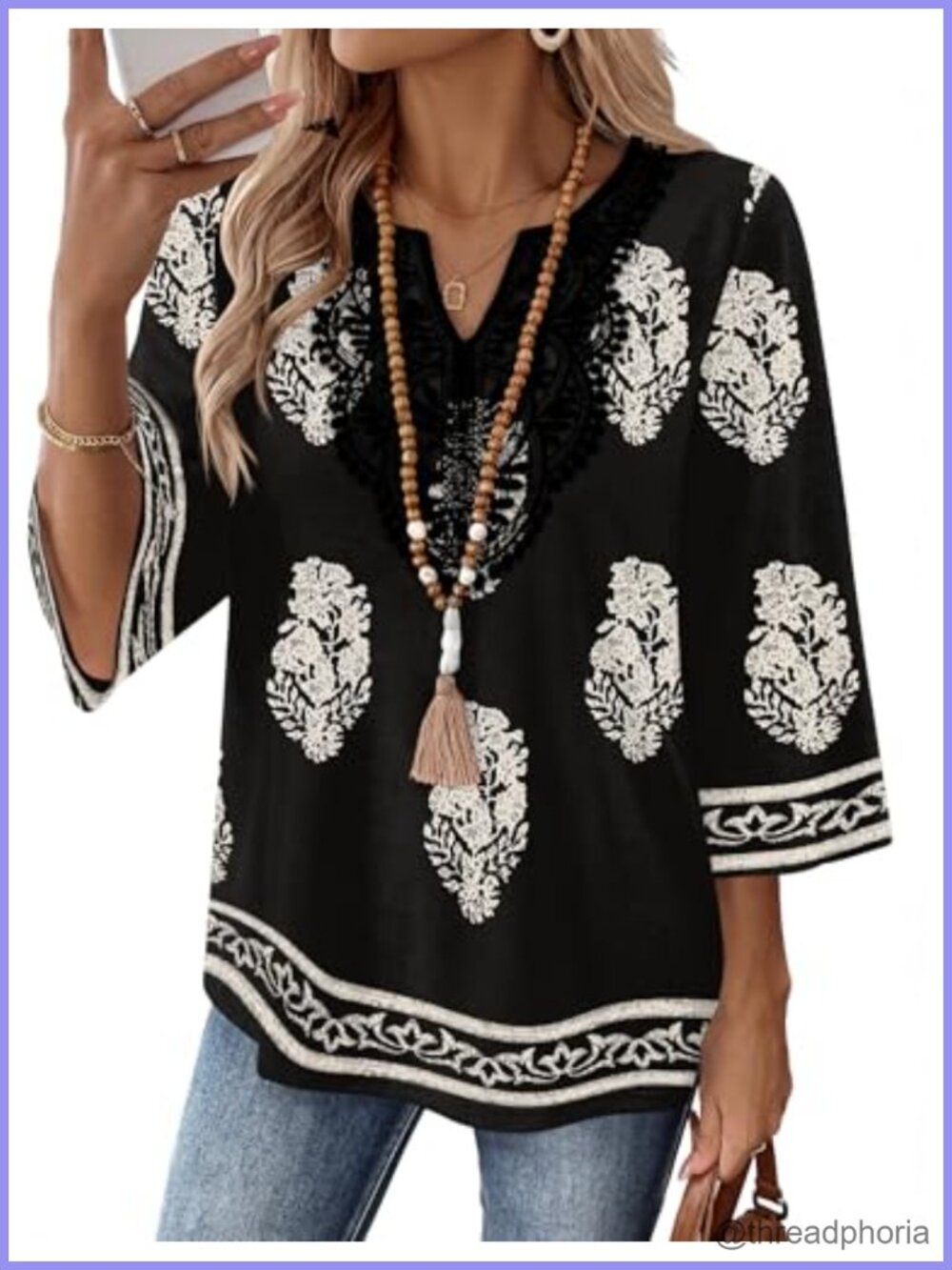Womens Boho V Neck Lace 3/4 Sleeve Top Casual Blouse